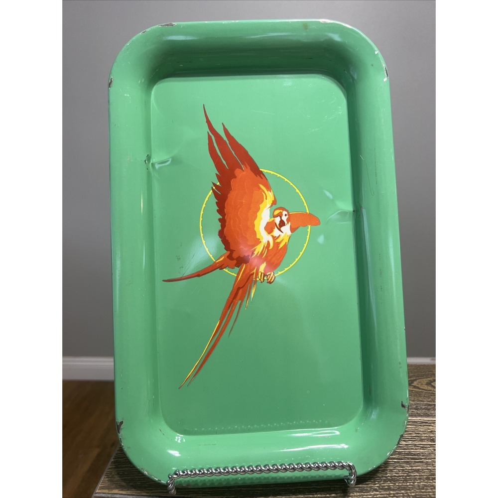 1950's Vintage Parrot Metal Serving Tray Green Mid Century Lap TV‎ Tin Dent**